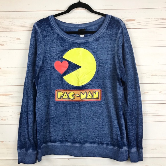 Fifth Sun Tops - Pac Man Blue Graphic Burnout LS Sweatshirt XL